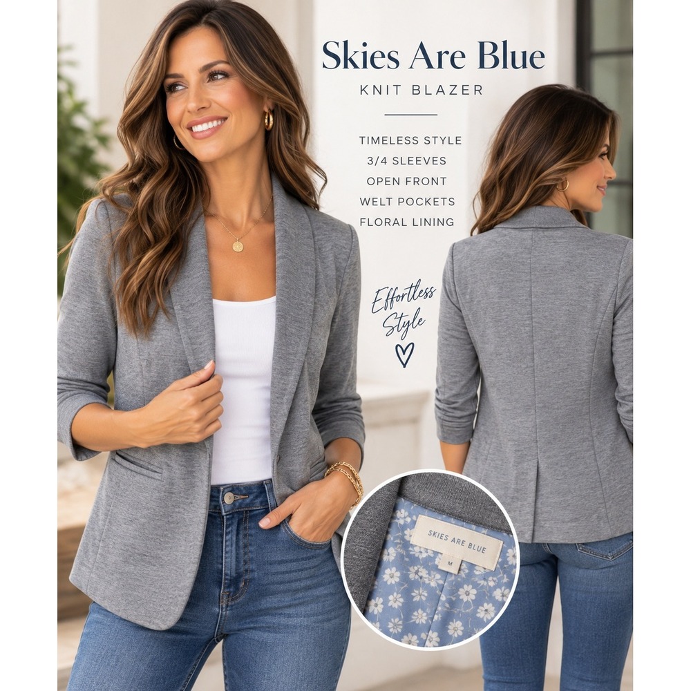 Skies Are Blue Knit Blazer Gray Open Front Floral Lining 3/4 Sleeve Size M